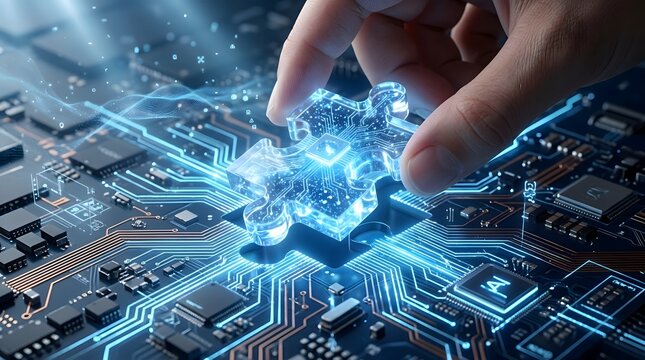 Hand Inserting Glowing Transparent Tech Puzzle Piece into High Tech Circuit Board Representing AI Problem Solving