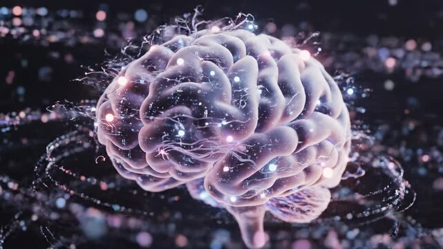 Transparent human brain with glowing particles and neural network connections, representing intelligence and digital thought