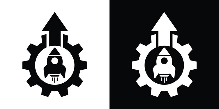 Rocket launch icon inside a gear with an upward arrow. Representing startup growth, project launch, and business acceleration. Minimalist black and white vector design.