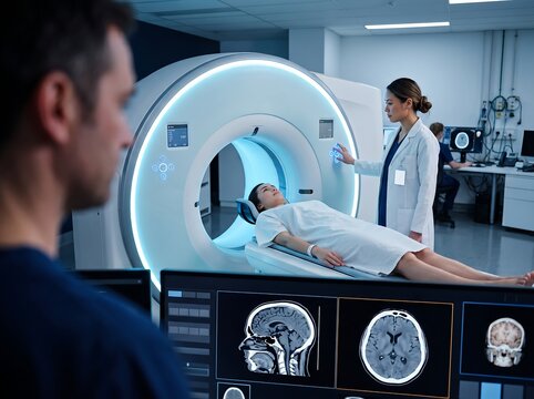 Medical specialist performing brain MRI scan on patient in modern radiology clinic, high-tech diagnostic imaging and neurology diagnostics