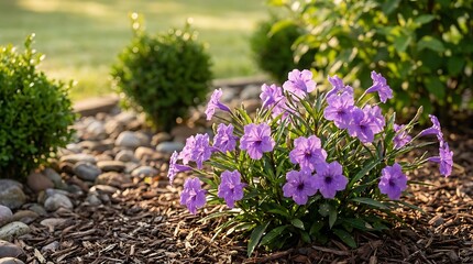 Obraz premium A vibrant cluster of purple dwarf mexican petunia flowers blooming in a sunny garden landscape with organic bark mulch and decorative stones.