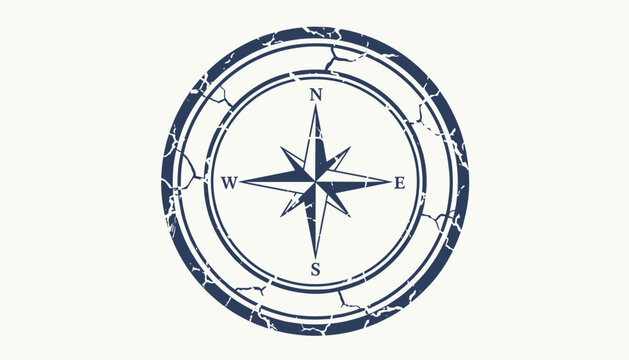 Nautical compass rose in a classic vintage stamp style with dark blue color and cracks on a light background.