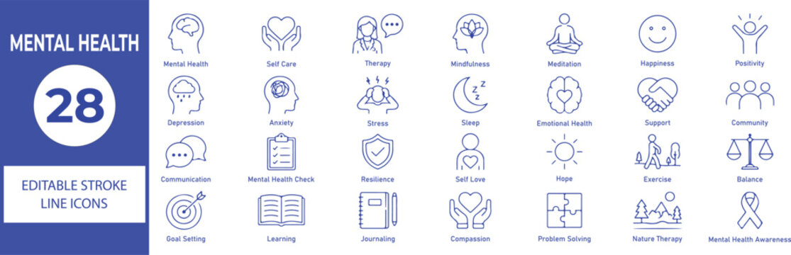 Mental Health Vector Outline Icons Set &ndash; Wellness, Therapy, Mindfulness and Emotional Wellbeing Line Symbols Collection