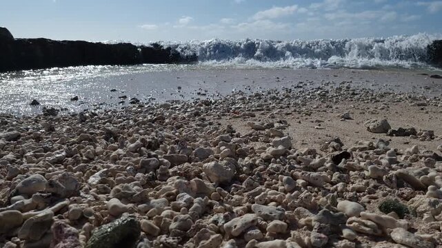 Ocean wave splashing over rocks on a coral shore