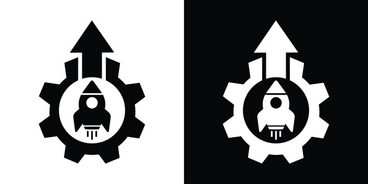 Rocket launch icon inside a gear with an upward arrow. Representing startup growth, project launch, and business acceleration. Minimalist black and white vector design.