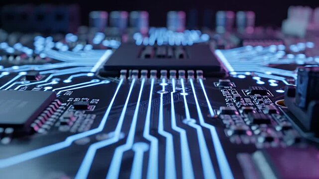 Closeup of Digital Circuit Board with Glowing Lines - This video showcases a detailed view of a digital circuit board featuring intricately designed pathways illuminated by glowing blue and purple