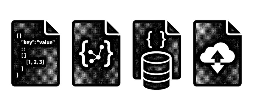 This vector image presents an abstract representation of data formats using a refined halftone technique, highlighting digital organization and information flow.