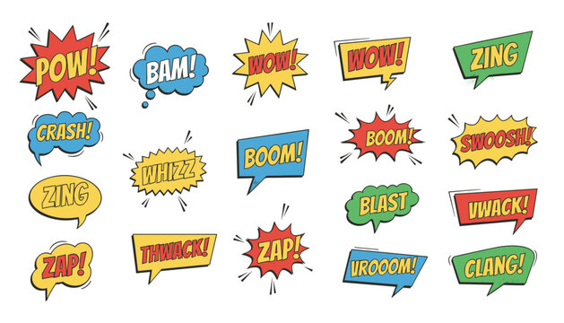 Eighteen colorful comic book speech bubbles with pop art explosion clouds and loud action sound effects on white.