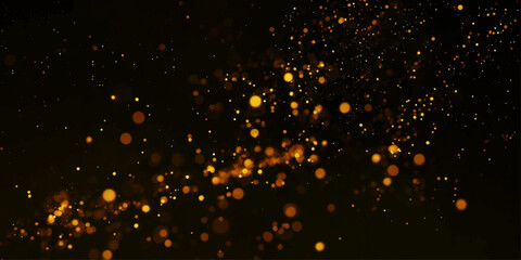 Glowing water drops on black background with sparkling bokeh lights, gold particles and winter holiday magic abstract night design © pixel
