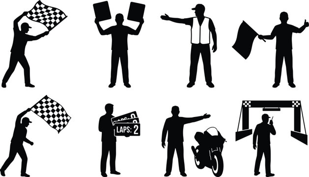 Race Track Official and Marshall Silhouettes Set Holding Checkered Flags Lap Boards and Signaling Drivers.