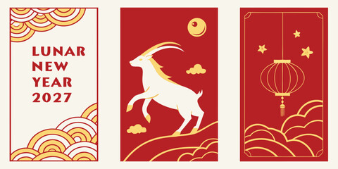 Naklejka premium Chinese lunar new year 2027 decorative goat cards and banners with astrology ornament decorative tradition illustration template collection celebration greeting oriental seasonal