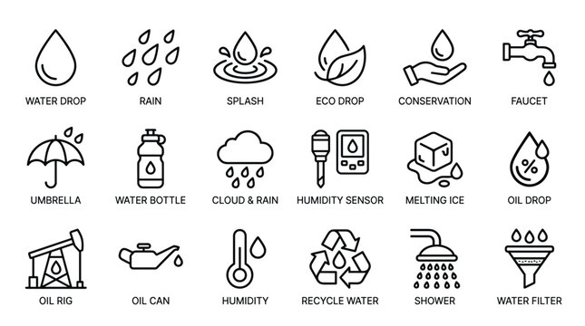Water and oil related line icons set including water drop, rain, splash, eco drop, conservation, faucet, umbrella, water bottle.