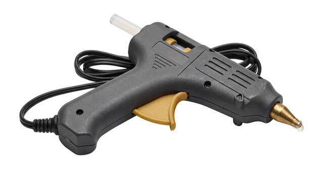 Black hot glue gun isolated PNG on transparent background, electric craft tool with glue stick and power cord