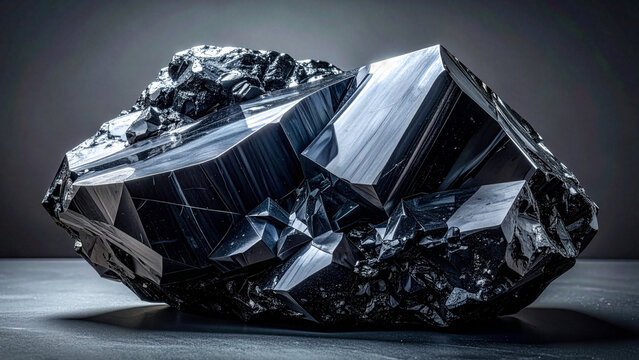 Massive Geometric Black Crystal Specimen on Dark Background