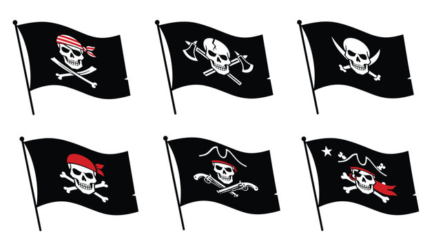 Collection of six different black pirate flags with diverse skull and crossbones designs waving on black poles.