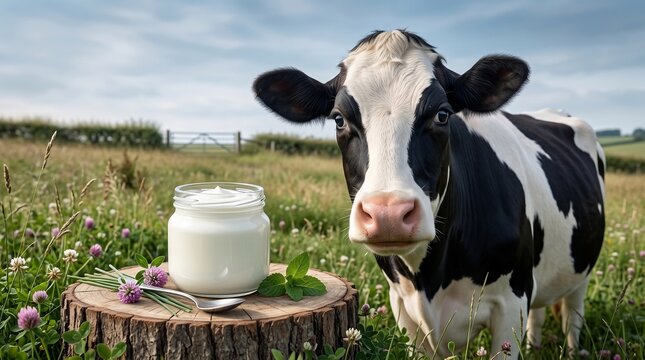 A curious holstein cow stands beside a jar of fresh creamy dairy product set upon a rustic tree stump in a lush green pasture on a sunny summer day