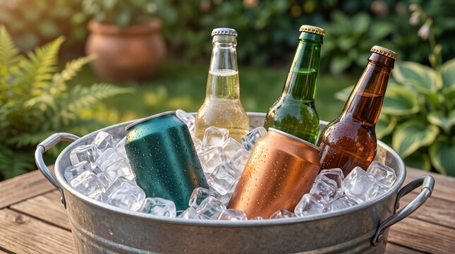 Assorted cold beer bottles and aluminum cans chilling in a galvanized metal bucket full of fresh ice cubes on a sunny outdoor garden table during summer