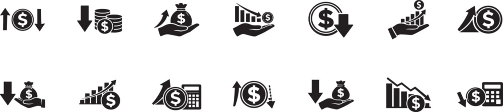 Profit and loss icon set with growth charts, money, trade, earnings and finance symbols in vector style.
