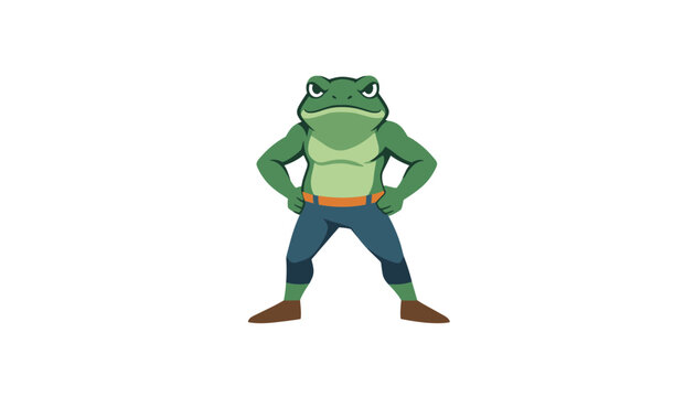 Strong cartoon frog character with a muscular body standing confidently in blue pants and brown shoes.