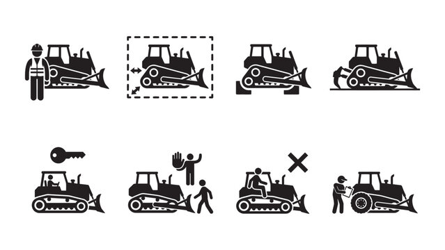 Set of construction bulldozer operator safety icons and maintenance pictograms.