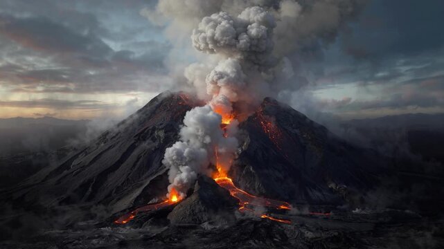 Volcanic Eruption Spewing Fiery Lava and Ash Into Dark Stormy Sky Landscape