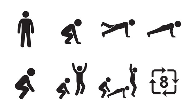 Burpee exercise infographic showing step by step workout routine icons.