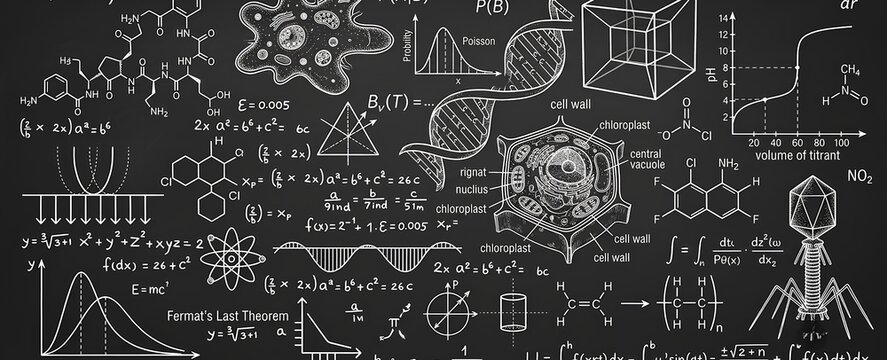 Blackboard inscribed with scientific formulas and calculations in physics and mathematics.