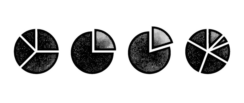 Vector pie chart graphics designed in halftone style, showcasing various segments to represent statistical data and insights effectively and artistically.
