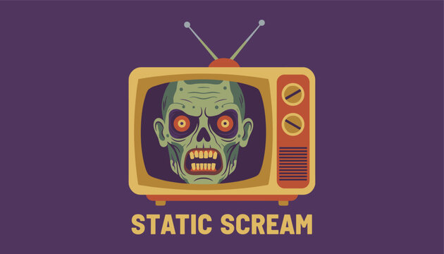 Retro television screen displaying a scary green zombie face with glowing red eyes and open mouth under the text static scream.
