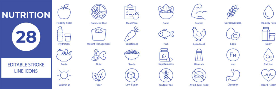 Nutrition Vector Outline Icons Set &ndash; Healthy Food, Diet, Vitamins and Wellness Line Symbols Collection