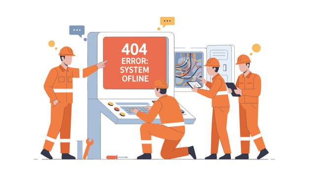 Team of technical engineers working to resolve a system offline error on a large computer terminal in a control room.