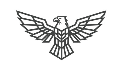Fototapeta premium Geometric line art logo design of a powerful eagle symbol with symmetrical wide spread wings on white background.