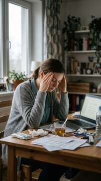 Stressed Woman Working From Home Experiencing Headache