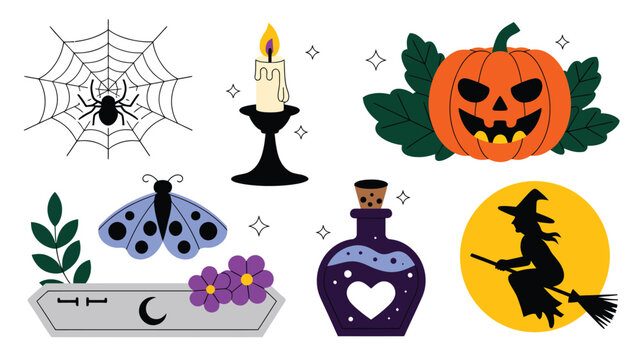 Traditional Halloween items like a pumpkin witch spider candle coffin and magic potion