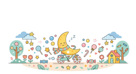 Naklejka premium A cute sleeping crescent moon wearing a scarf rides a candy-themed bicycle through a whimsical, pastel landscape filled with sweet treats.