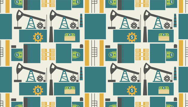 Seamless industry pattern depicting oil derrick pumpjacks dollar banknotes and gear wheels on a light background.