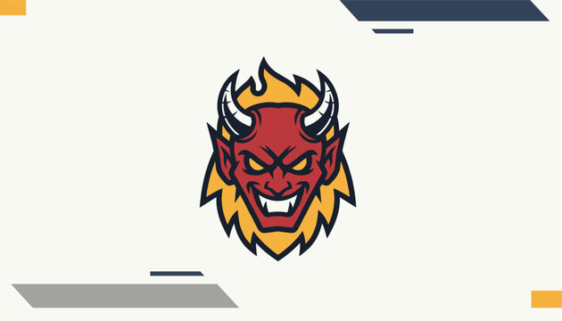 Fierce red devil mascot head with sharp horns and a burning flame mane designed for sports and esports logos.
