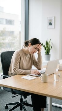 Stressed Woman Working On Laptop In Home Office Setting