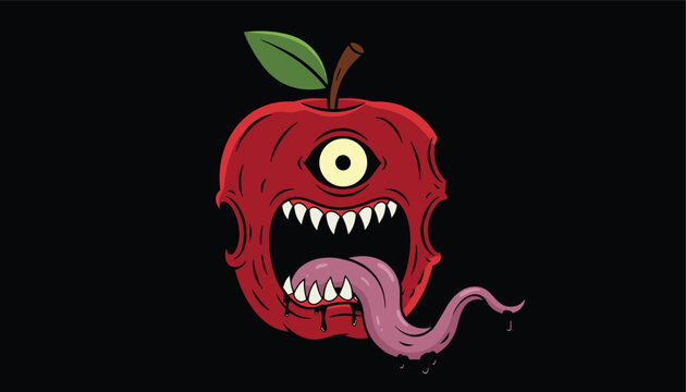 Monster red apple with one big yellow eye and sharp teeth sticking out its long purple tongue on a solid black background, vector illustration.
