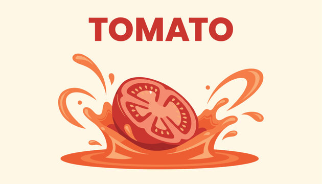 Sliced fresh red tomato splashing into rich tomato sauce or juice with text above, appetizing food vector illustration on light background.