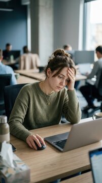 Stressed Young Woman Working Overtime Late In The Office