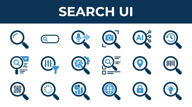 Search engine user interface icon set representing artificial intelligence voice visual global and secure database queries