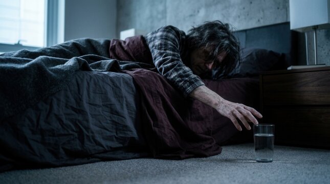Struggling Figure Reaches For Water In Dimly Lit Bedroom