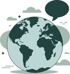 Fototapeta premium Flat of a globe with dark green continents and light blue oceans, featuring a speech bubble and decorative clouds