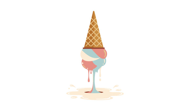 Melting ice cream cone turned upside down on a clean white background creating a colorful puddle on the floor.