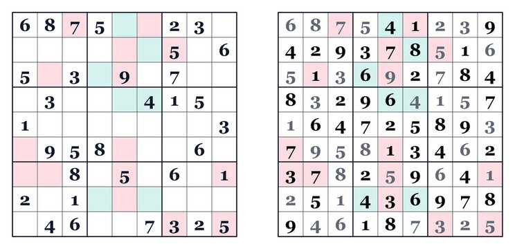Sudoku puzzle grids showcasing solved and unsolved versions  