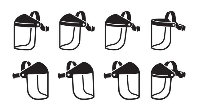 Set of eight face shield icons for medical protection.