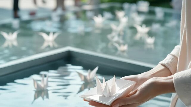 Hands holding a white paper origami crane over a pool of water. Many origami birds floating on the surface. Peace and hope concept