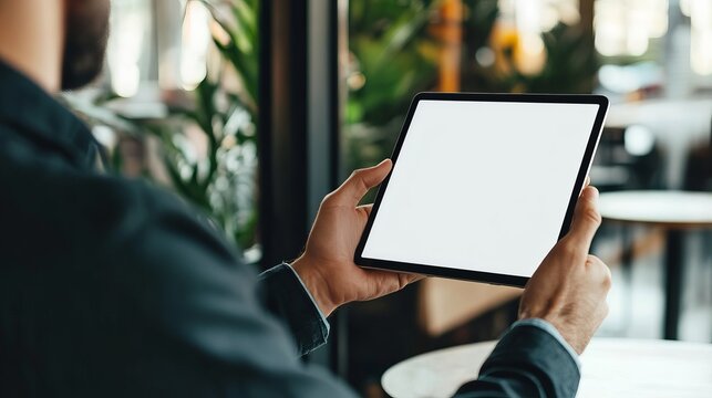 Man holding a modern tablet with a blank white screen while sitting in a bright cafe for a business meeting