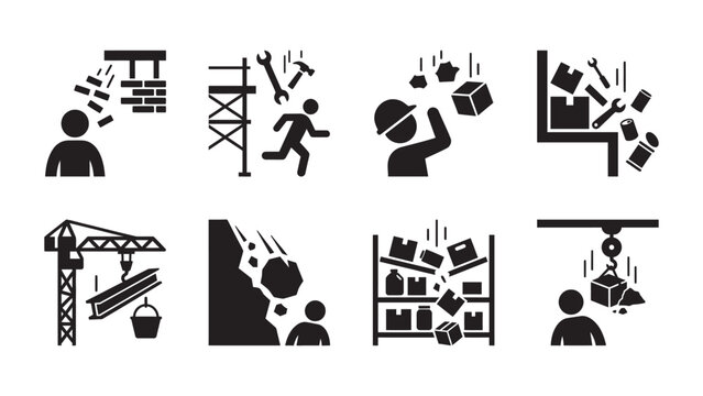 Set of industrial safety hazard icons representing falling objects and workplace risks.